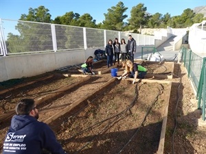 Paqui Llorens, jefa de estudios del Cole Muixara y Sergio Villalba, concejal de Educación junto a representantes del AMPA visitando los huertos escolares