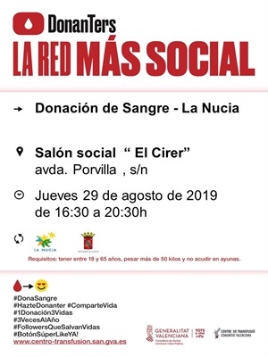 Cartel de la donación de sangre de mañana 29 de agosto en La Nucía