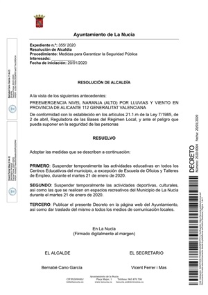 Decreto municipal que suspende las clases mañana 21 de enero