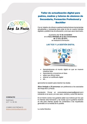 Cartel del Taller TICS y la Gestión Digital que tendrá lugar mañana