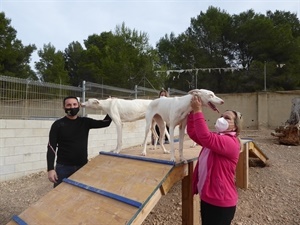 Belén Nuñez, pta Protectora de Animales y Bernabé Cano, alcalde de La Nucía en los nuevos parque cans del Refugio de Animales